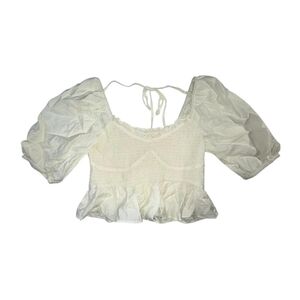 Mustard Seed Women's Cream and White Smocked Tie-Front Puff Sleeves Blouse